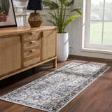 Entryway with wood console table and Cabacungan Washable Area Rug runner in black, gray, light beige tones. Bohemian vintage style. Roomscene-Runner