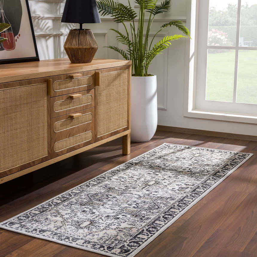 Entryway with wood console table and Cabacungan Washable Area Rug runner in black, gray, light beige tones. Bohemian vintage style. Roomscene-Runner