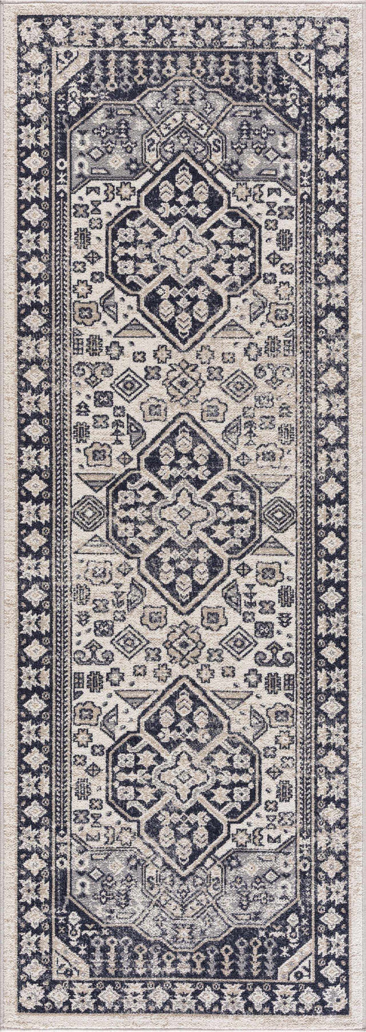 Detailed close-up of the Cabacungan Cream & Gray Washable Area Rug, featuring a traditional oriental pattern and farmhouse style. Design-Runner