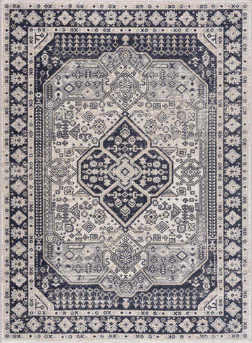 Detailed cream, light gray, and ink blue traditional pattern on a Cabacungan Washable Area Rug. Design-Rectangle-537