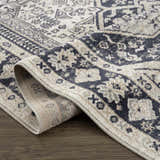 Close-up of the Cabacungan Cream & Gray Washable Area Rug showing its traditional oriental pattern and soft, neutral colors. Fold