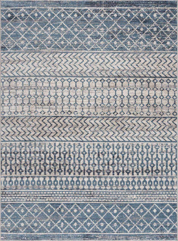 Close-up of the Southglenn Washable Area Rug. Features a blue, gray, and beige contemporary geometric pattern. Design-Rectangle-537