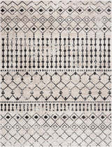 Close-up of the Joppatowne Washable Area Rug, featuring a geometric black pattern on a cream and light beige background. Design-Rectangle-537