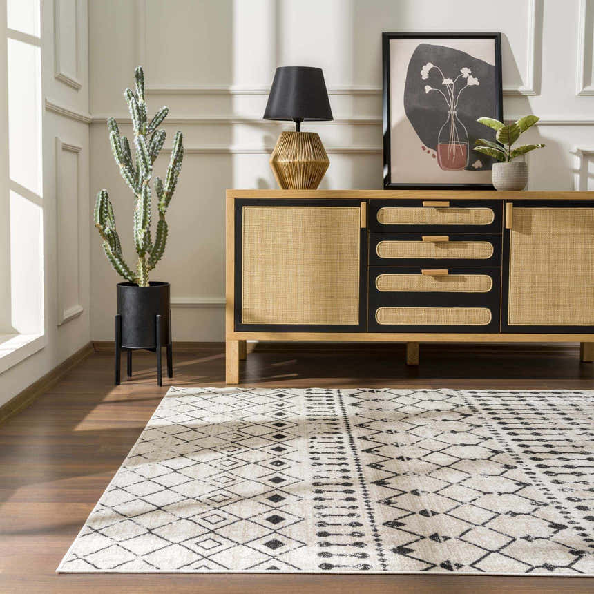 Living room scene with a black and cream Joppatowne Washable Area Rug, wood floors, and a modern sideboard. Roomscene-Rectangle