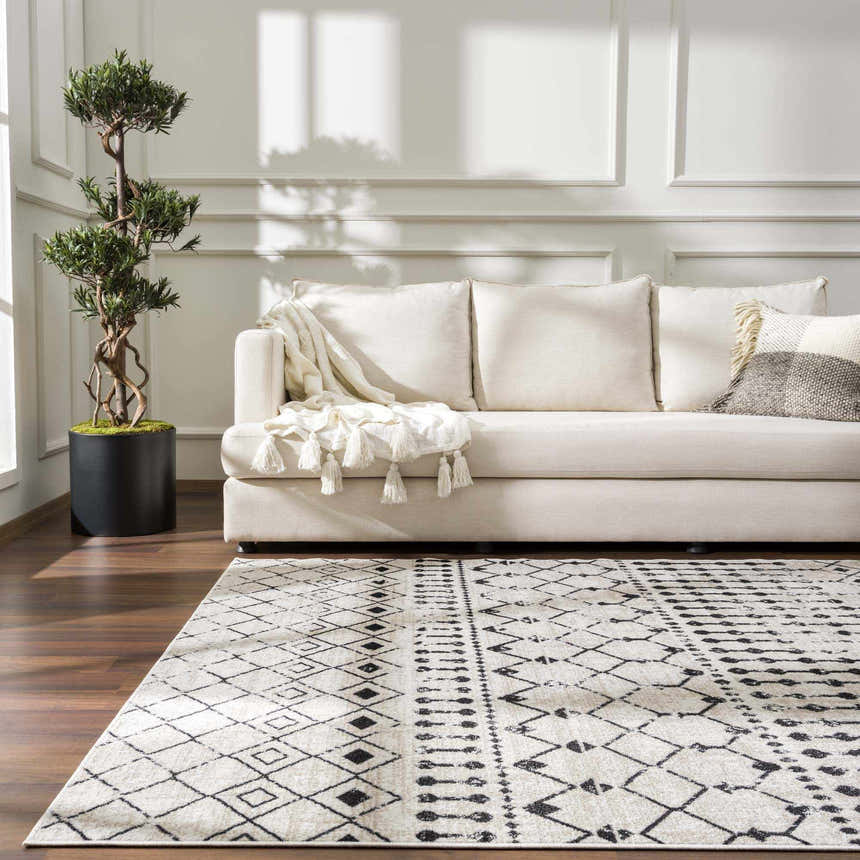 Living room scene with a cream sofa and the Joppatowne Washable Area Rug in black and cream with geometric pattern. Roomscene-Rectangle