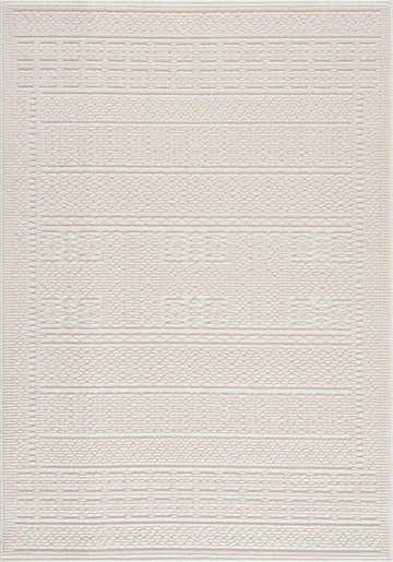 Close-up of the Bahar Cream Washable Area Rug. Features a subtle geometric pattern and soft, textured weave in off-white tones. Design-Rectangle