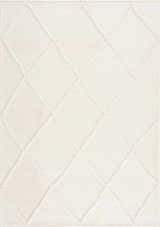 Close-up of Amani White Washable Rug with a raised geometric diamond pattern. Neutral arctic stone and cloud gray tones. Design-Rectangle-537