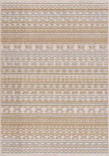 Close-up of the Alvan 3D Washable Rug. Features a geometric, striped pattern in bone, mocha, and gray hues. Farmhouse style. Design-Rectangle-537