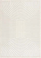 Close-up of the Deron White Washable 3D Rug, featuring a geometric pattern with semi-circles and horizontal lines. Design-Rectangle
