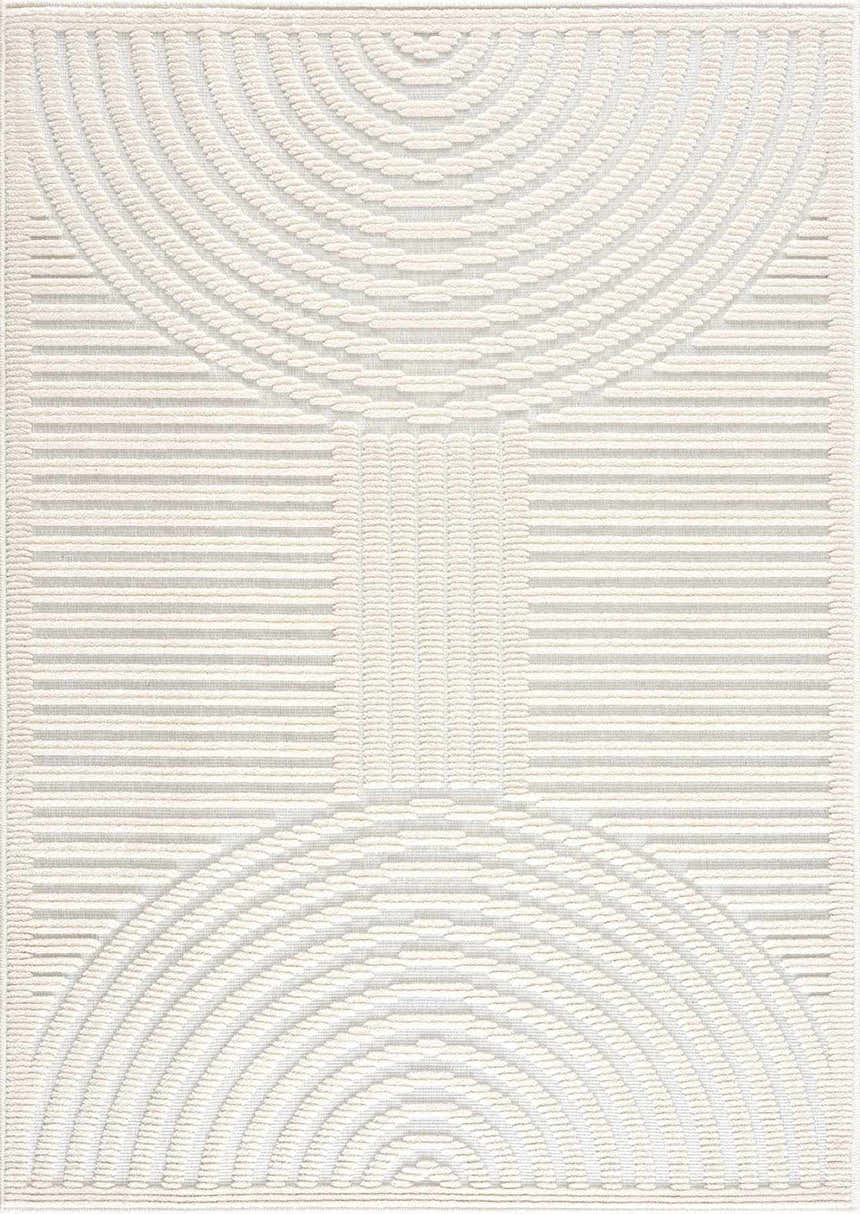 Close-up of the Deron White Washable 3D Rug, featuring a geometric pattern with semi-circles and horizontal lines. Design-Rectangle