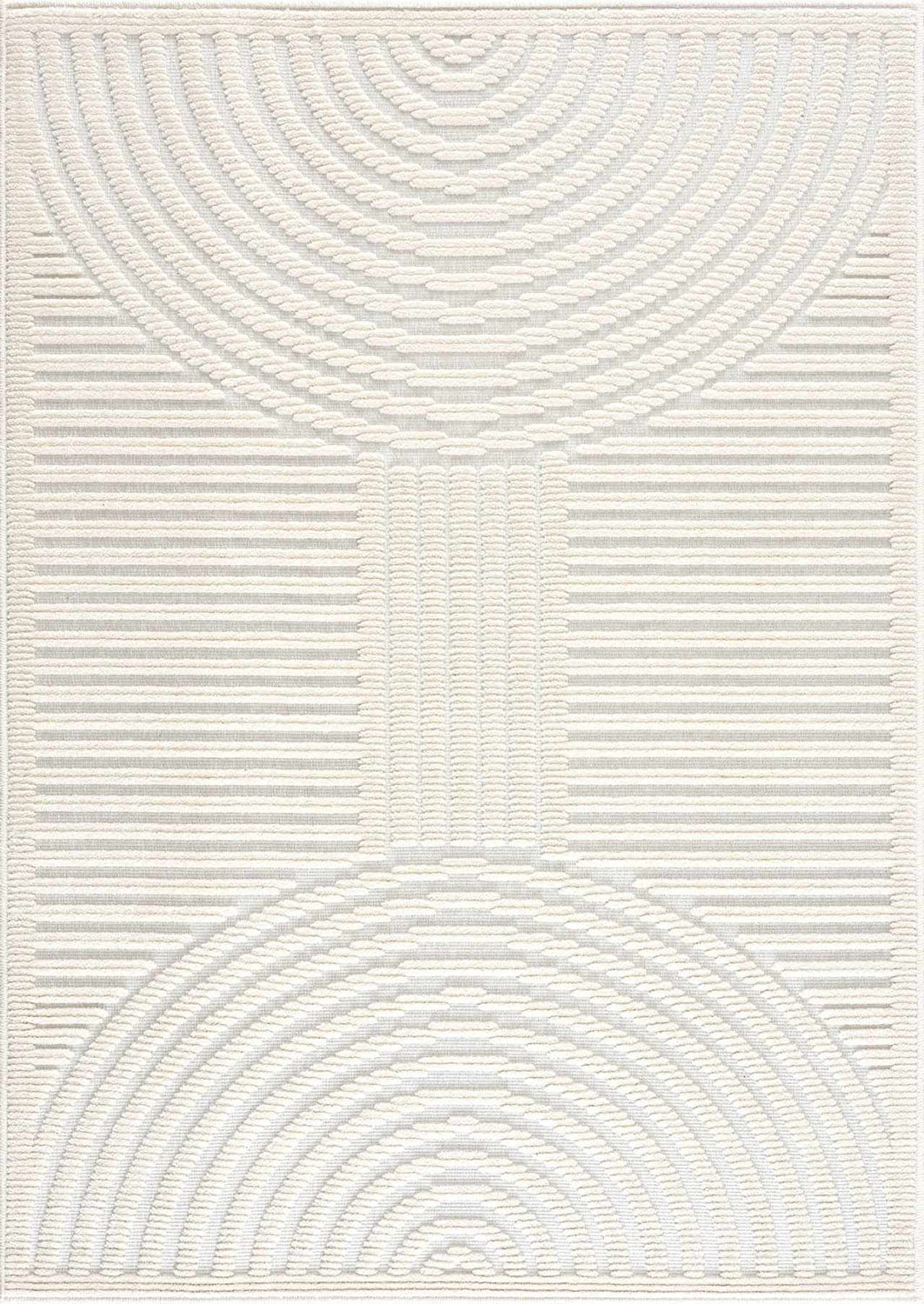Close-up of the Deron White Washable 3D Rug, featuring a geometric pattern with semi-circles and horizontal lines. Design-Rectangle