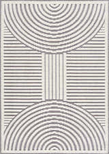 Close-up of the Deron Gray Rainbow Washable Rug featuring a geometric pattern with gray and white concentric arches and lines. Design-Rectangle-537