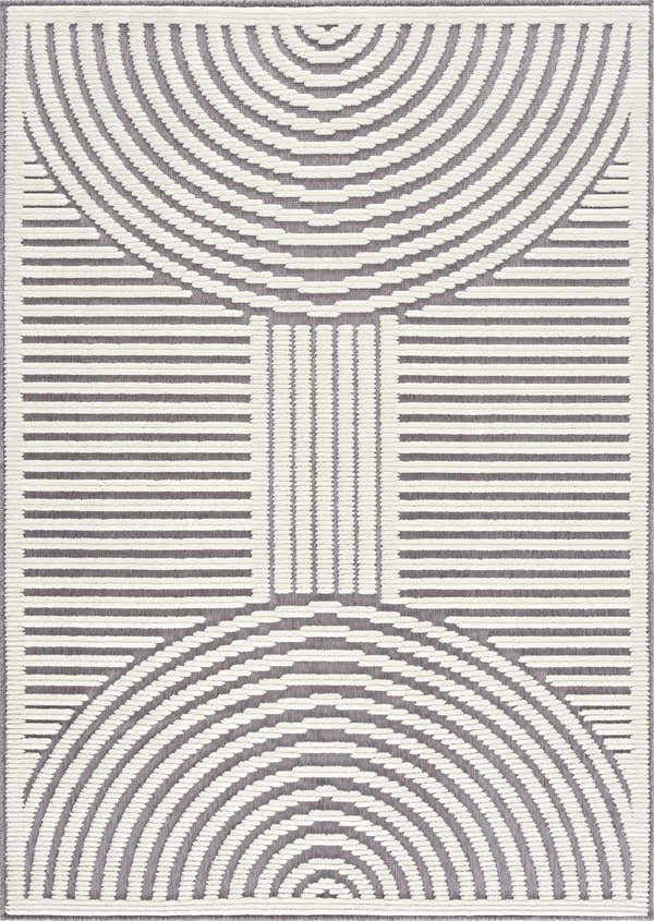 Close-up of the Deron Gray Rainbow Washable Rug featuring a geometric pattern with gray and white concentric arches and lines. Design-Rectangle-537