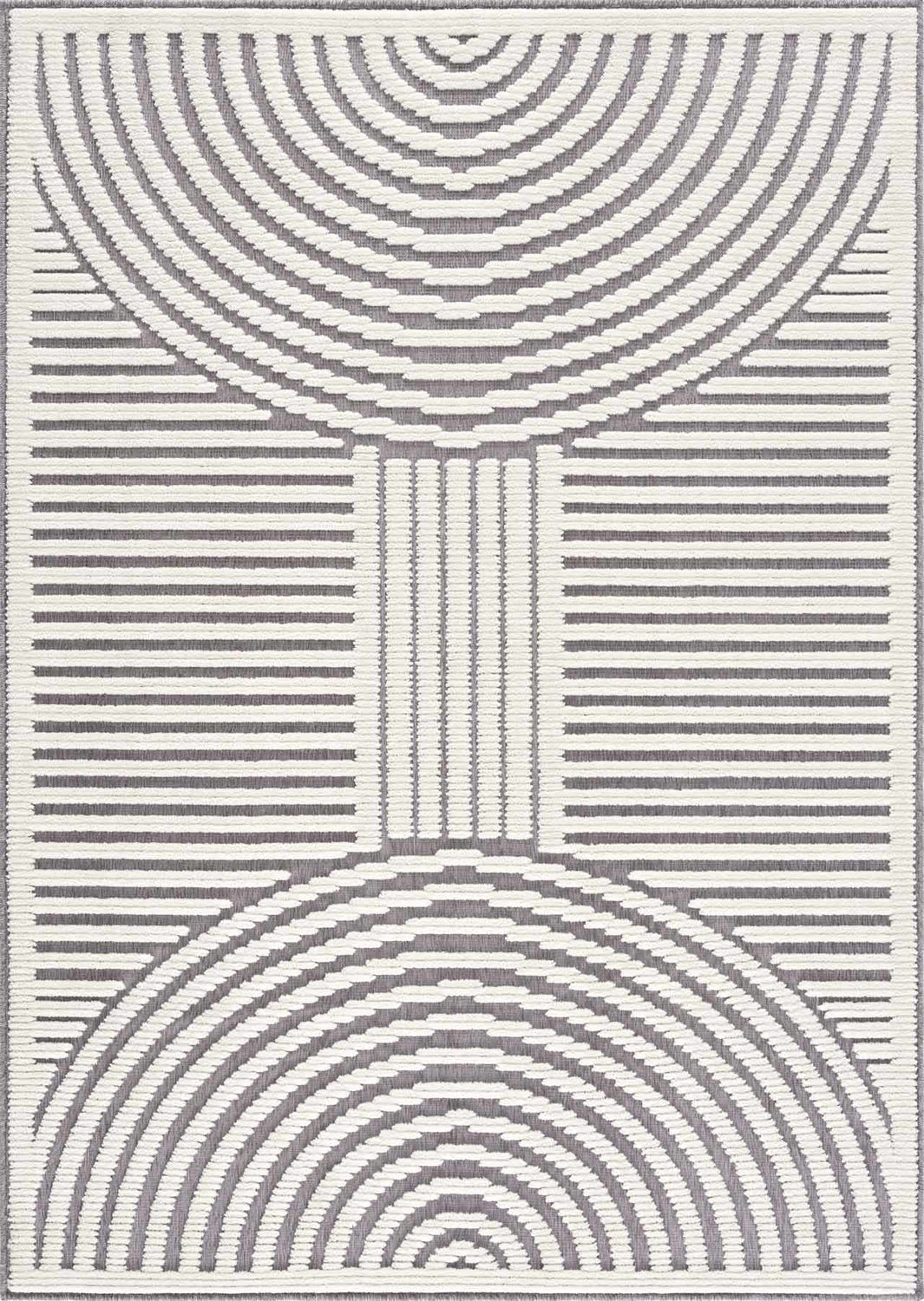 Close-up of the Deron Gray Rainbow Washable Rug featuring a geometric pattern with gray and white concentric arches and lines. Design-Rectangle-537