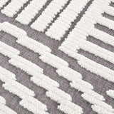 Close-up of the Deron Gray Rainbow Washable Rug, showing a geometric pattern in gray and textured white cotton. Texture