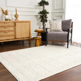Living room scene with a Fadey White 3D Washable Rug, wood cabinet, gray chair, and decorative plants. Farmhouse style. Roomscene-Rectangle