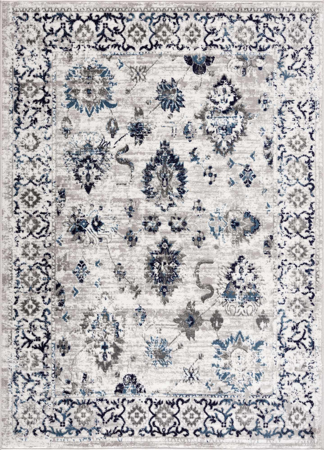 Close-up of the Duena Area Rug: traditional oriental design in blue and light gray, machine woven texture. Design-Rectangle-46