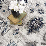 Close-up of the Duena Area Rug: blue and light gray oriental design, traditional vintage style. Styleshot