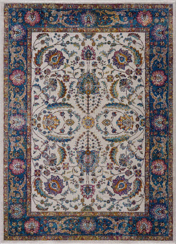 Close-up of the Mardina Colorful Area Rug, featuring a cream base and turquoise, floral, oriental-inspired design. Design-Rectangle-5373