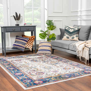 Living room scene with a Mardina Colorful Area Rug, gray sofa, console table, and decorative pillows. Roomscene-Rectangle