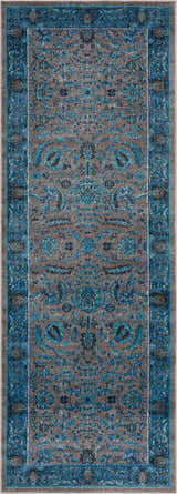 Close-up of the Mardina Turquoise Area Rug, featuring a beige and turquoise traditional vintage pattern. Design-Runner-2773