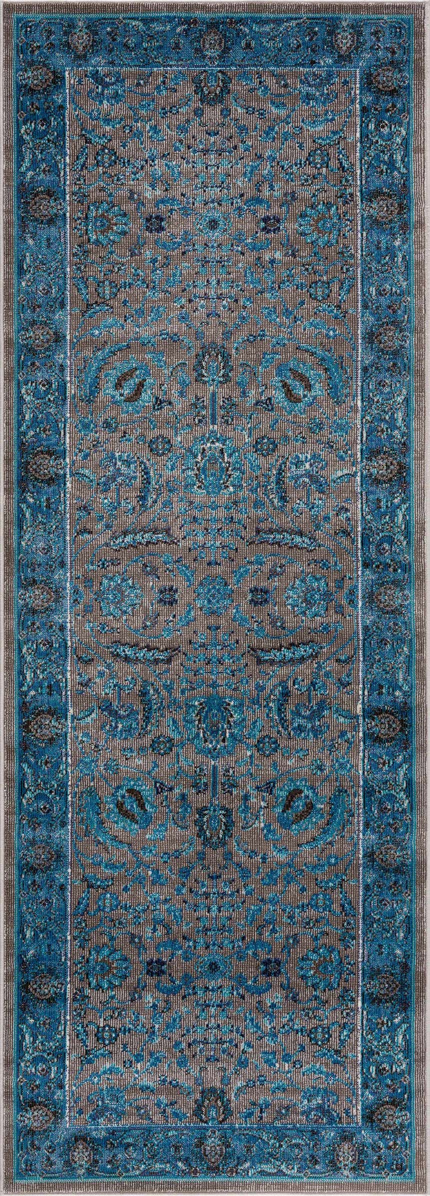 Close-up of the Mardina Turquoise Area Rug, featuring a beige and turquoise traditional vintage pattern. Design-Runner-2773