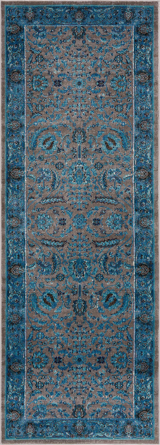 Close-up of the Mardina Turquoise Area Rug, featuring a beige and turquoise traditional vintage pattern. Design-Runner-2773