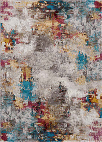 Close-up of the Mardin Abstract Area Rug. Features blue, pink, rust, mustard, and gray colors in a contemporary design. Design-Rectangle-5373