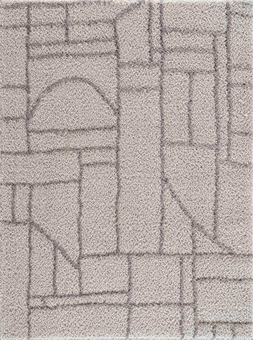 Close-up of the Andia Gray Area Rug, a shag rug with a geometric design in silver and silver-gray polyester. Design-Rectangle-46