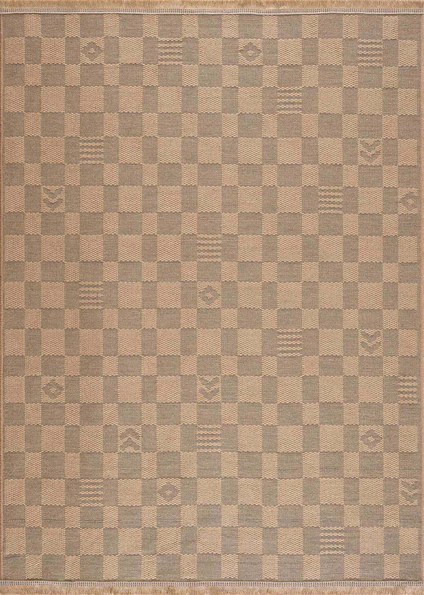 Close-up of the Nairi Checkered Washable Jute Rug. Beige and black checkered pattern with subtle geometric details. Design-Rectangle-46