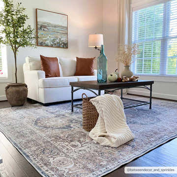 Living room with white sofa and Mignon Washable Area Rug in brown, charcoal, and gray. Farmhouse style with vintage rug. Roomscene-Rectangle
