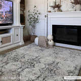 Living room scene with a beige and gray Minoa Area Rug, white fireplace, and TV console. Roomscene-Rectangle