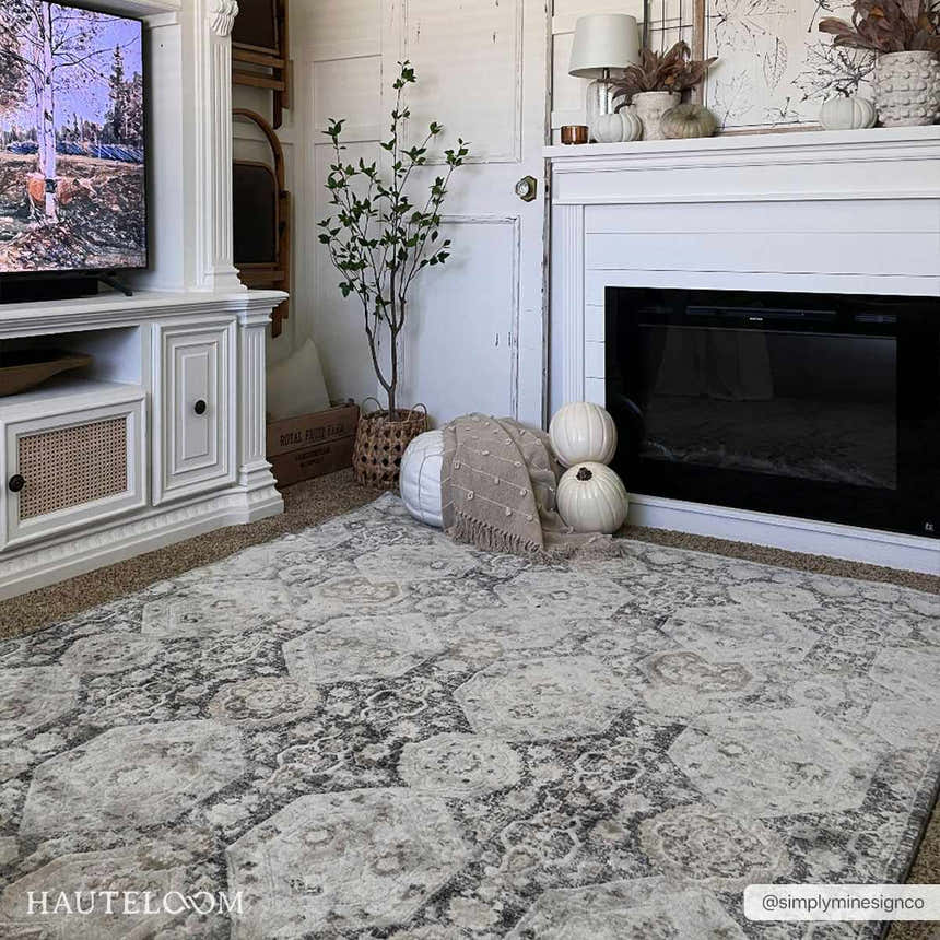 Living room scene with a beige and gray Minoa Area Rug, white fireplace, and TV console. Roomscene-Rectangle
