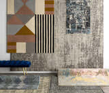 Display of various rug patterns and textures, including the Coorparoo Wool Area Rug with geometric shapes and stripes. Styleshot