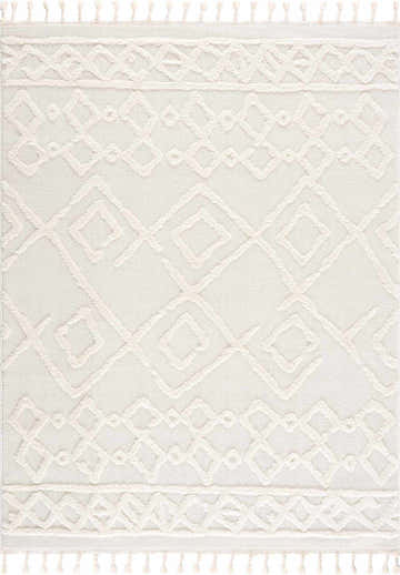 Close-up of the Gyundyukoru Area Rug. Bone and cream geometric pattern with tassels, soft texture. Design-Rectangle-537