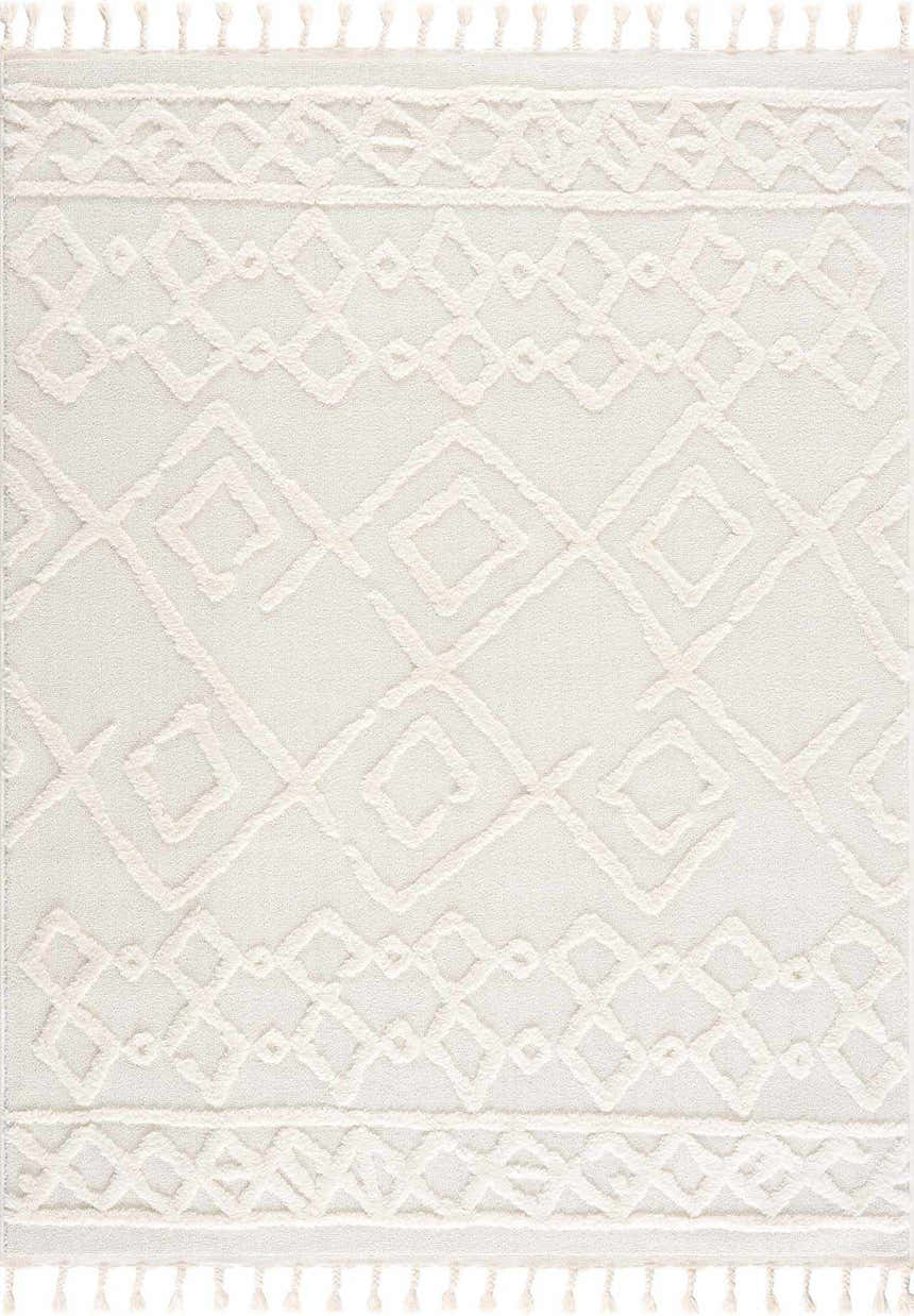 Close-up of the Gyundyukoru Area Rug. Bone and cream geometric pattern with tassels, soft texture. Design-Rectangle-537