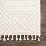 Close up of the bone Manyas 3D area rug. Geometric pattern, tassels, and textured weave. Swatch