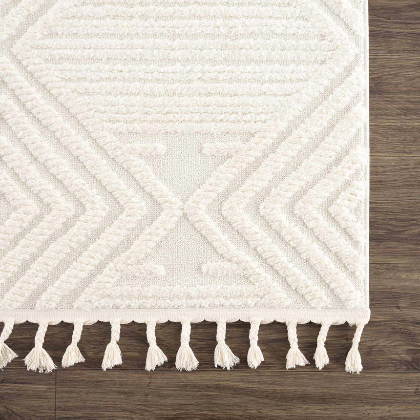 Close up of the bone Manyas 3D area rug. Geometric pattern, tassels, and textured weave. Swatch