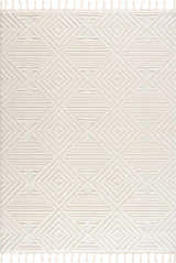 Close-up of the Manyas 3D Bone Area Rug. Features a geometric diamond pattern, tassels, and textured bone and cream hues. Design-Rectangle-679