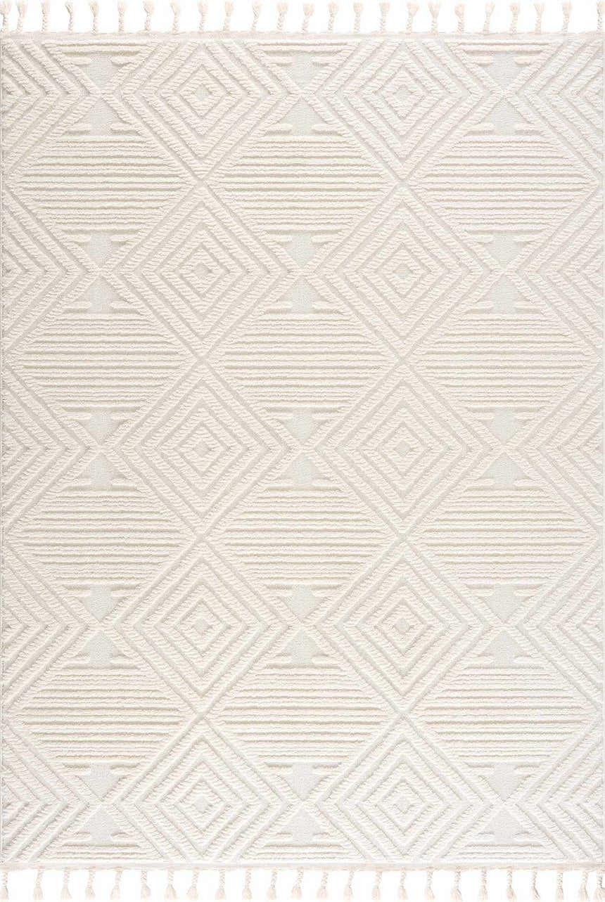 Close-up of the Manyas 3D Bone Area Rug. Features a geometric diamond pattern, tassels, and textured bone and cream hues. Design-Rectangle-679