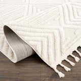 Close-up of the Manyas 3D Bone Area Rug with Tassels, showcasing its geometric pattern and soft, textured pile. Fold