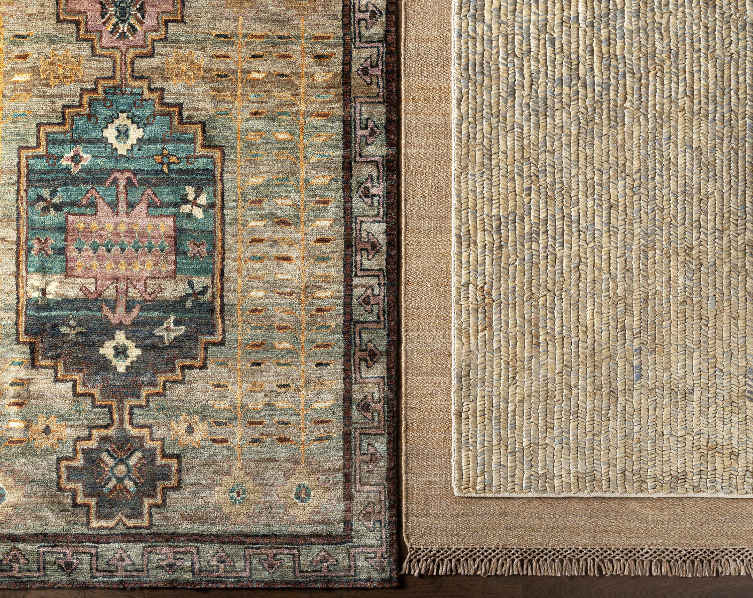 Close-up of the Partoun Area Rug. Hand-woven rug with a medium brown, tan, and teal contemporary design. Jute and recycled PET yarn. Styleshot