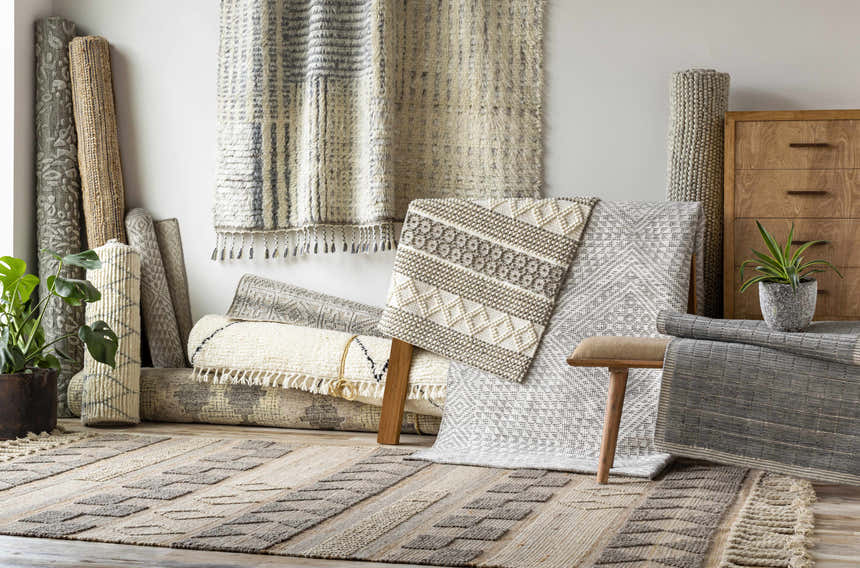 Neutral rug display featuring the Ardee Totem Jute & Wool Blend Rug in gray and tan, with a bohemian and farmhouse style. Styleshot