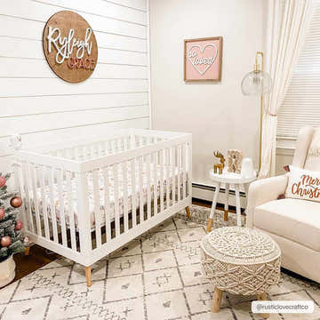 Nursery with white crib on Newville Moroccan Trellis Rug. Gray, white rug in a Christmas-themed kids room. Roomscene-Rectangle