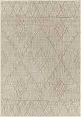 Close-up of the Marwood Brown Nordic Rug; a machine-woven rug with a geometric diamond pattern in light brown and off-white. Design-Rectangle