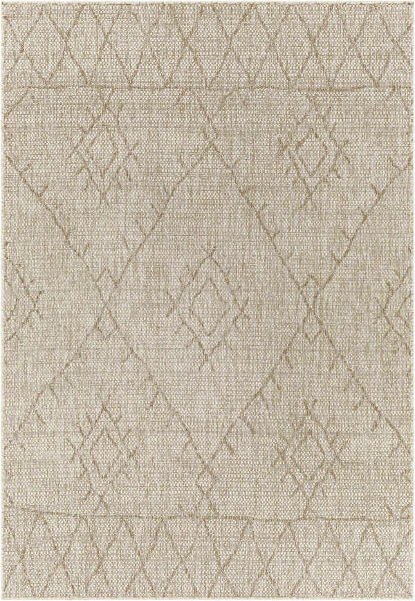 Close-up of the Marwood Brown Nordic Rug; a machine-woven rug with a geometric diamond pattern in light brown and off-white. Design-Rectangle