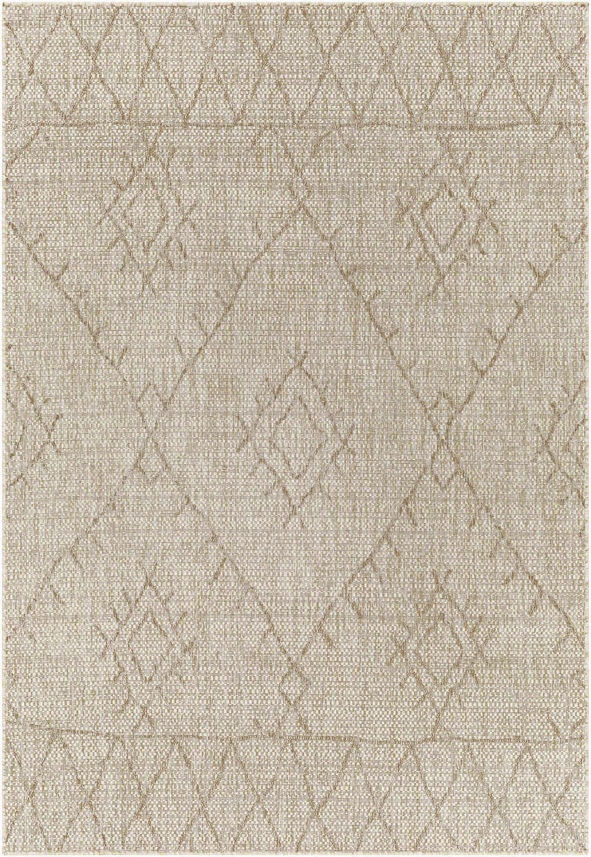 Close-up of the Marwood Brown Nordic Rug; a machine-woven rug with a geometric diamond pattern in light brown and off-white. Design-Rectangle