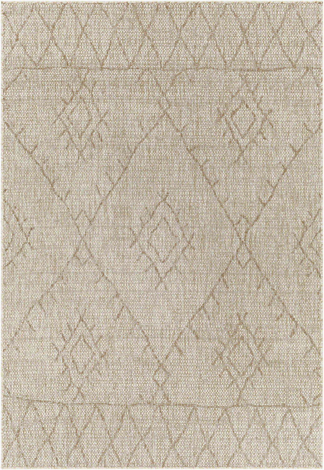 Close-up of the Marwood Brown Nordic Rug; a machine-woven rug with a geometric diamond pattern in light brown and off-white. Design-Rectangle