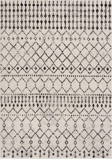 Close-up of Scandi Moroccan Trellis Rug. Off-white rug with black, charcoal, and gray diamond trellis pattern. Design-Rectangle