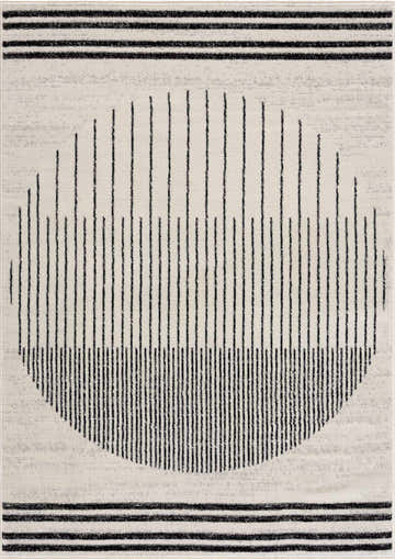 Close-up of the Angus Black&White Geometric Area Rug featuring a black linear circle design on an off-white background. Design-Rectangle-537